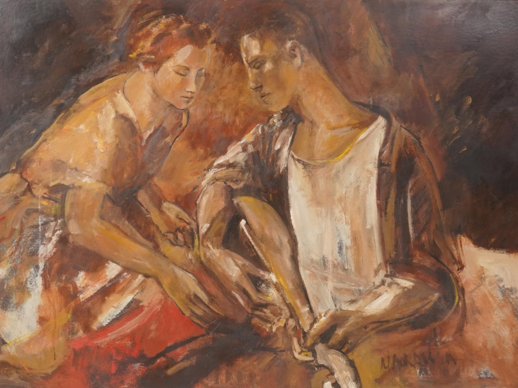 MID CENTURY OIL PAINTING COUPLE GUITAR SIGNED PIC-1